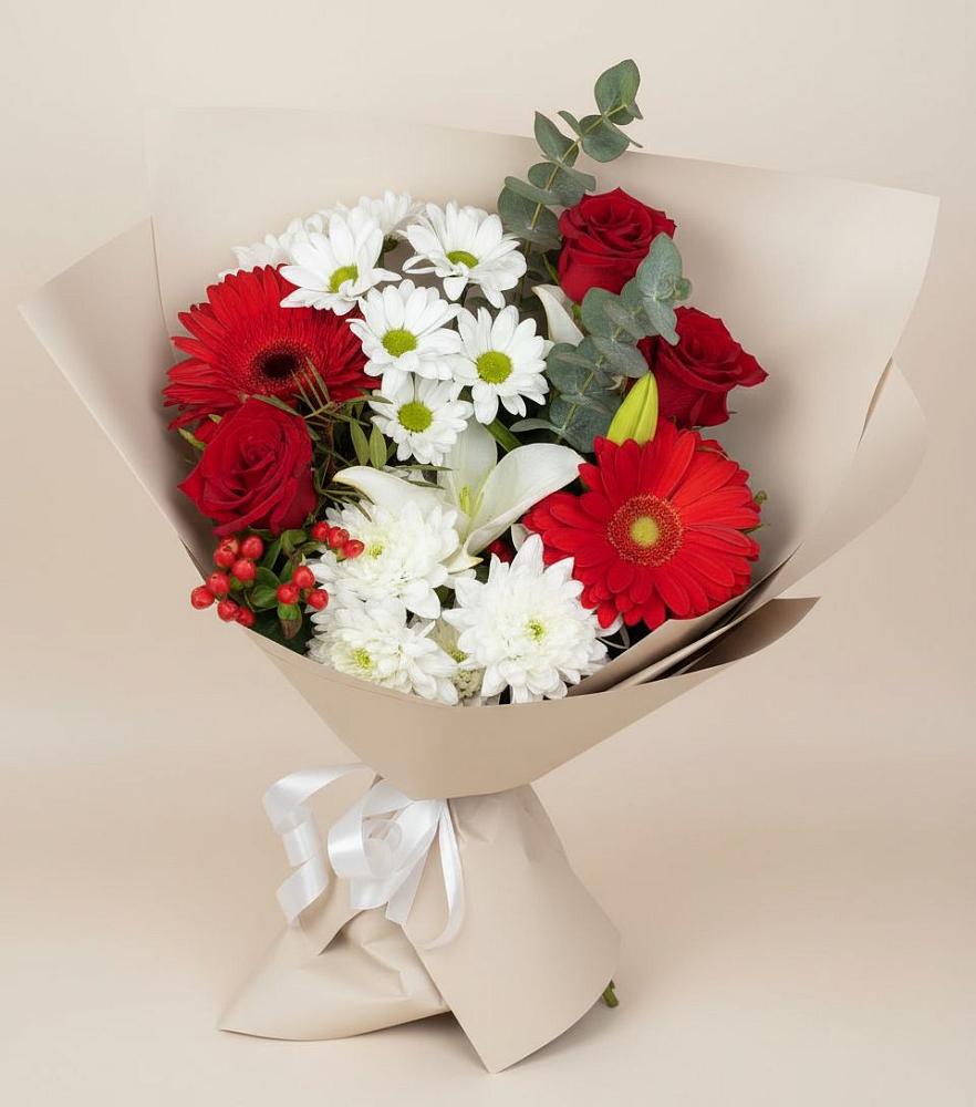 Букет цветов из: Розы, Хризантемы, Герберы и Лилии в Катайске