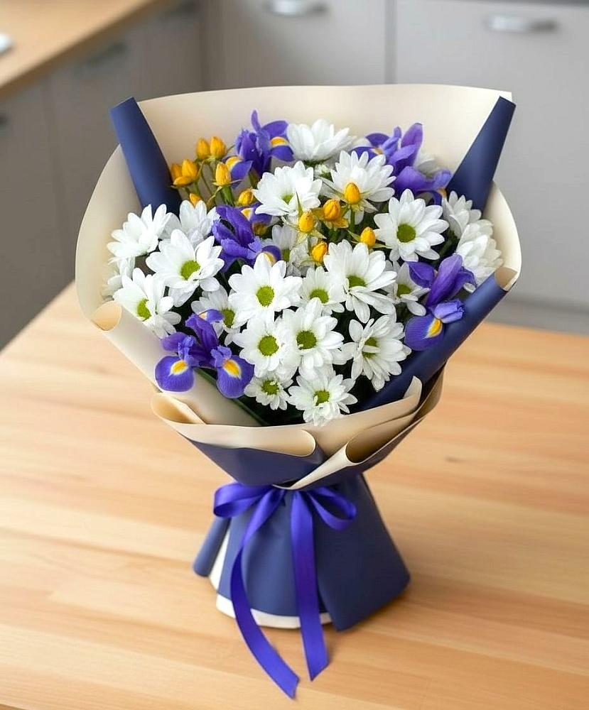 Букет цветов из: Розы, Ирисы и Хризантемы в Катайске