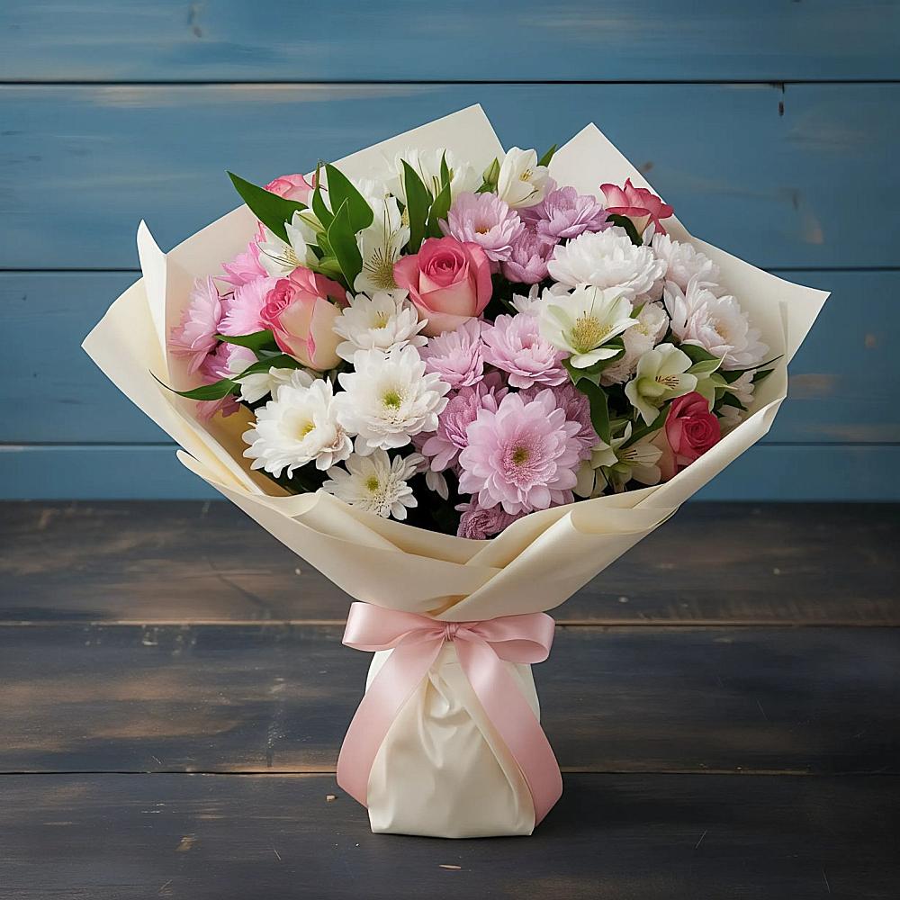 Букет цветов из: Хризантемы, Альстромерии и Розы в Катайске